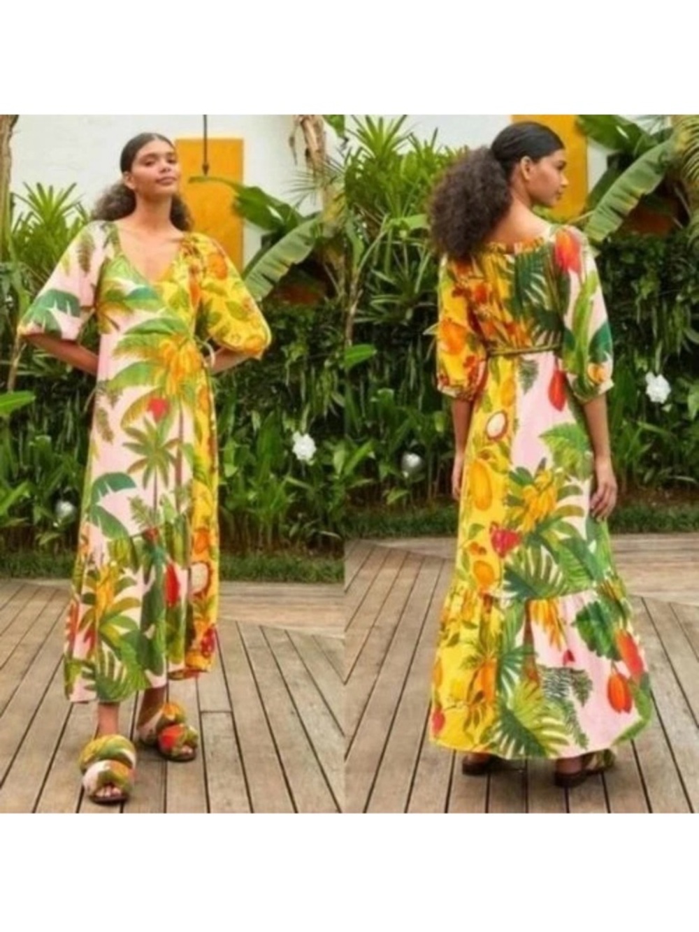 Farm Rio Mixed Prints Linen Blend Wrap Midi Dress – Multi (Size M) - Picture 3 of 10